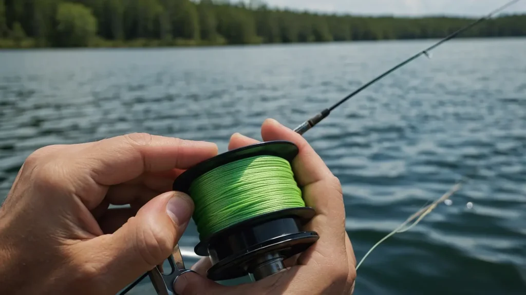 Close-up of an angler holding a spool of fishing line while getting ready to tie it onto a fishing reel, with a clear lake in the background.