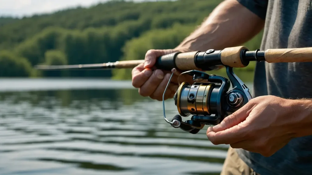 Close-up of an angler holding a spool of fishing line while preparing to spool it onto a spinning reel, with a scenic lake in the background.