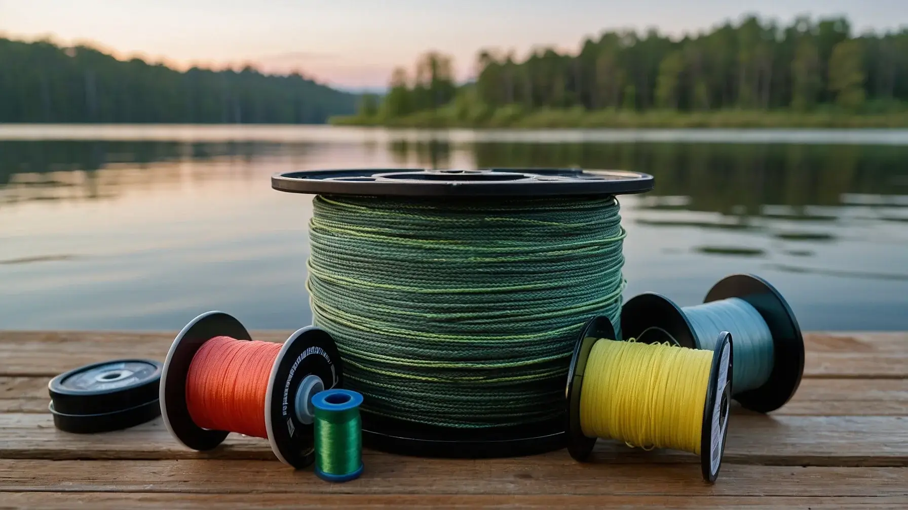 Braided, fluorocarbon, and monofilament fishing lines are side by side on a wooden dock near a lake at sunrise, with a fishing rod in the background.
