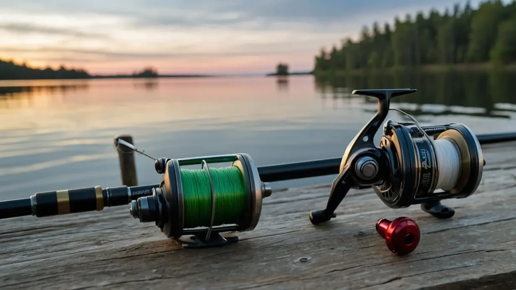 Braided vs fluorocarbon fishing line comparison: Two fishing reels, one spooled with braid and the other with fluorocarbon, on a dock by a lake.