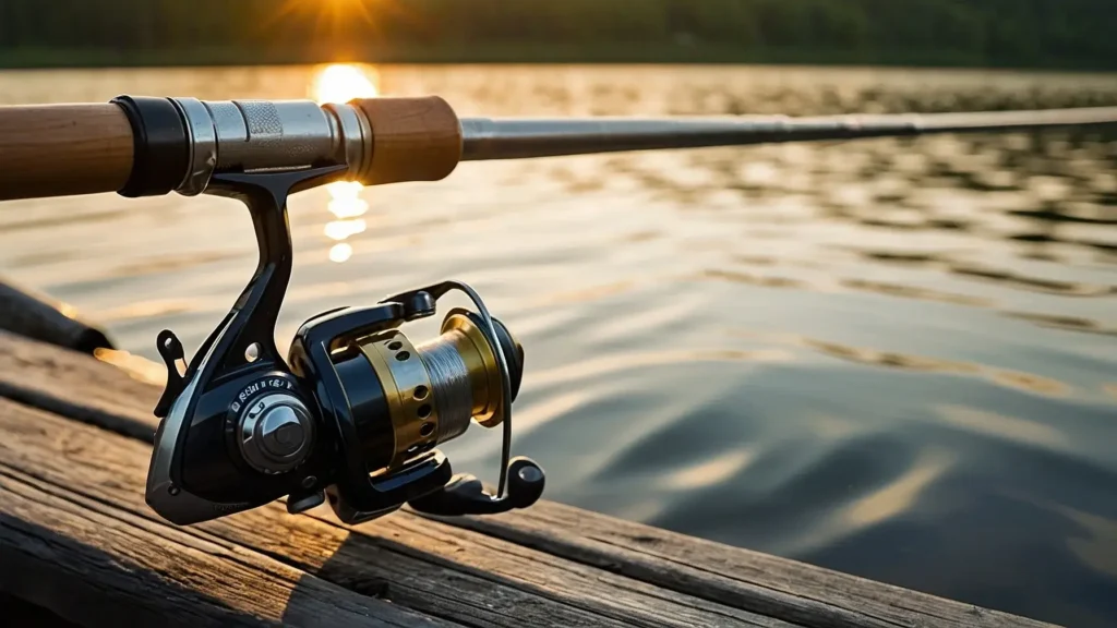 A fishing reel resting on a wooden dock at sunrise, with a calm lake in the background, ready for an angler's next big catch.