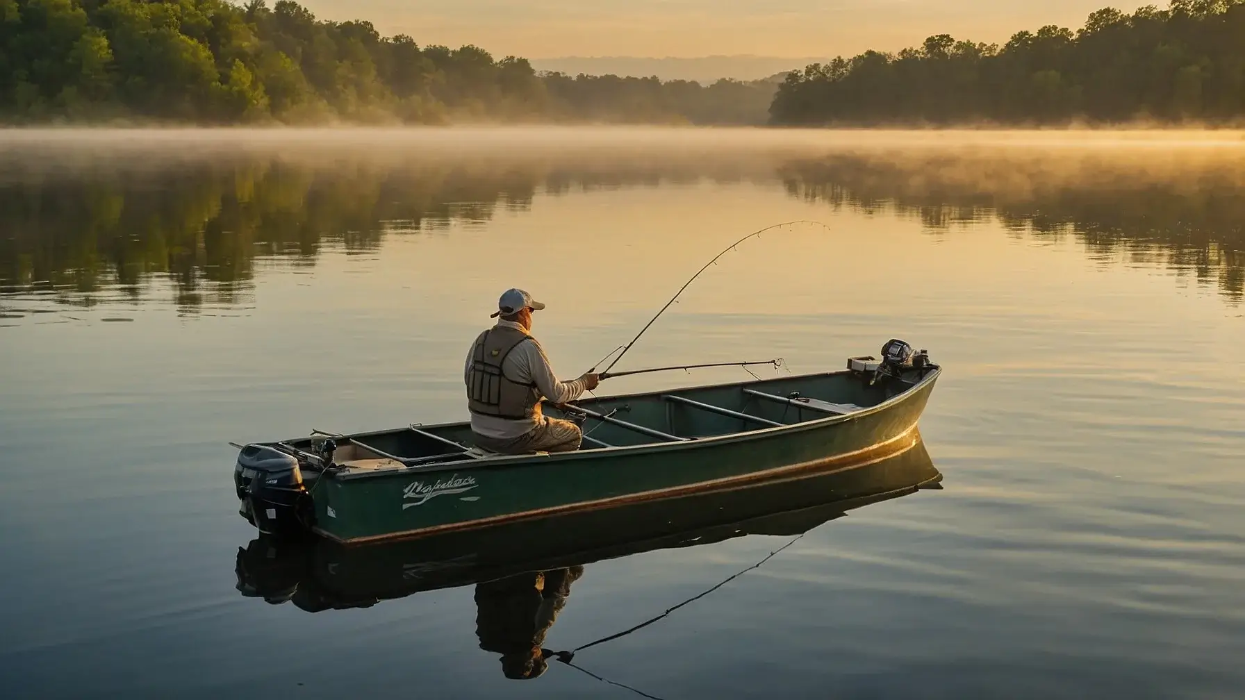 How to start fishing: Beginner angler fishing from a boat on a calm lake at sunrise, learning basic fishing techniques.