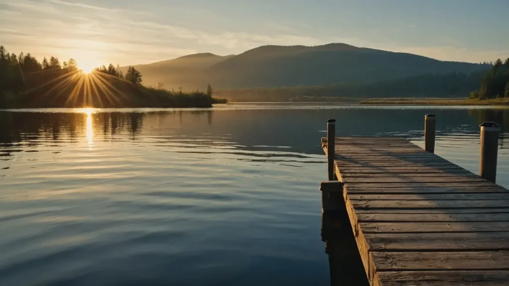 A peaceful fishing dock at sunrise with a fishing rod resting by the water.