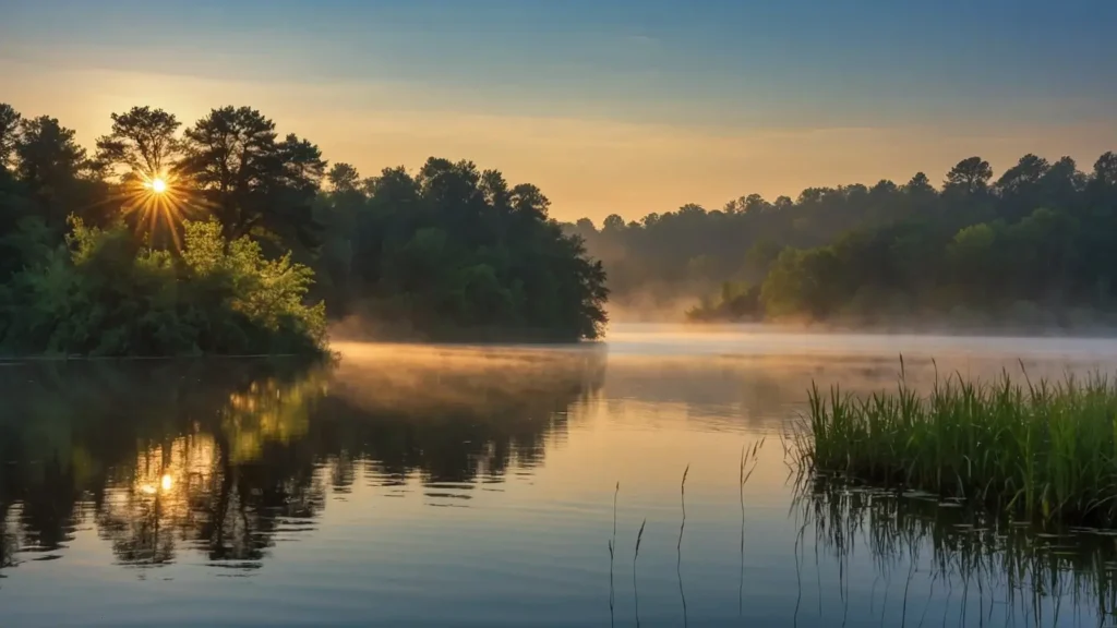 A peaceful sunrise over a misty lake with golden light reflecting on the calm water.