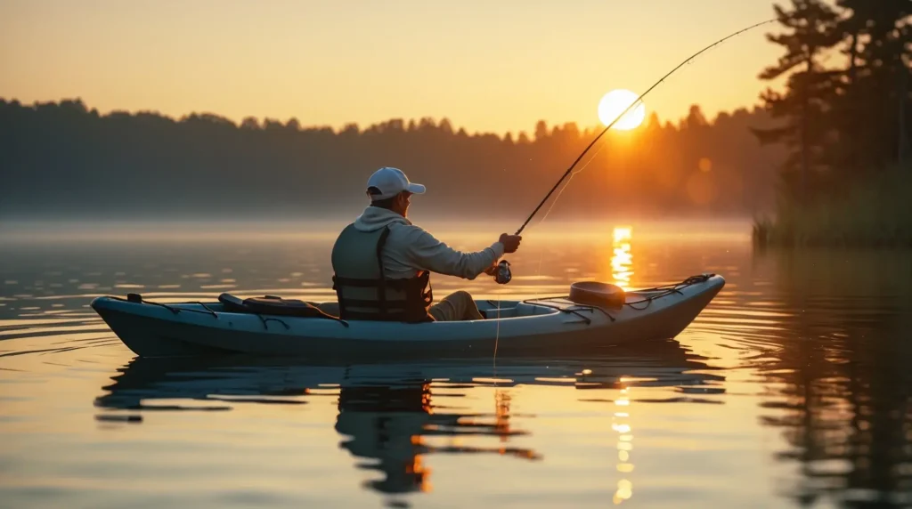 A peaceful fishing scene with an angler in a kayak or inflatable boat at sunset.