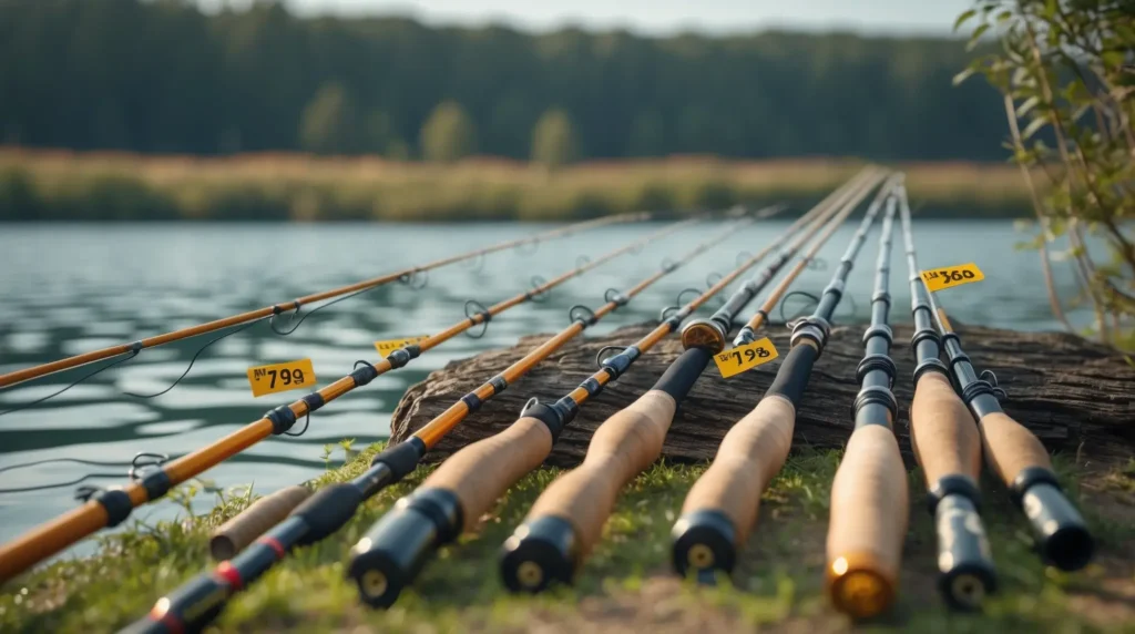 A selection of budget-friendly fishing rods is displayed outdoors.