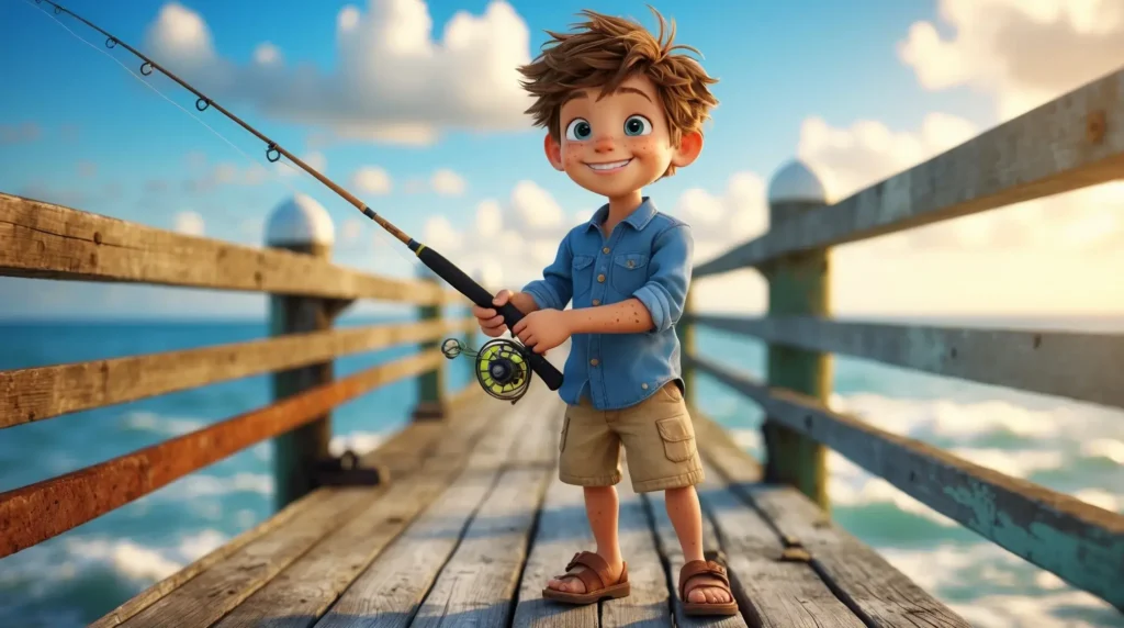 A beginner angler fishing from a pier in Florida, enjoying an easy and fun fishing experience.