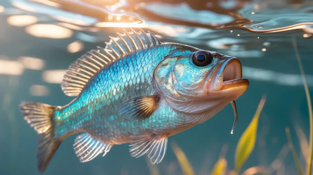 A close-up of a freshly caught bluegill fish in a shallow lake.