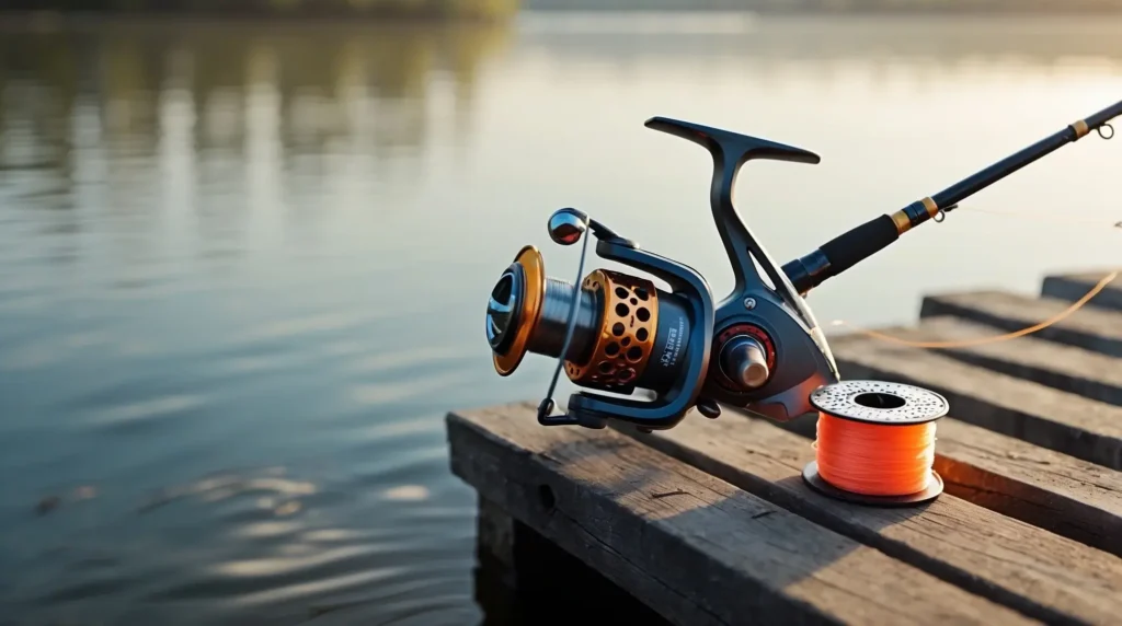 A spinning reel attached to a fishing rod, with a spool of fishing line nearby, was placed on a wooden dock by a calm lake, creating a beginner-friendly setup.
