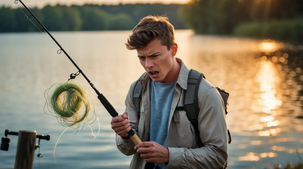 A frustrated beginner angler struggling with a tangled fishing line.
