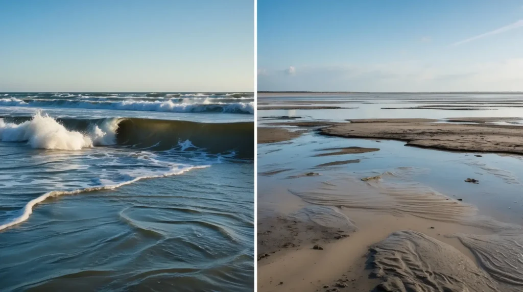 A comparison of high tide and low tide coastal fishing spots.