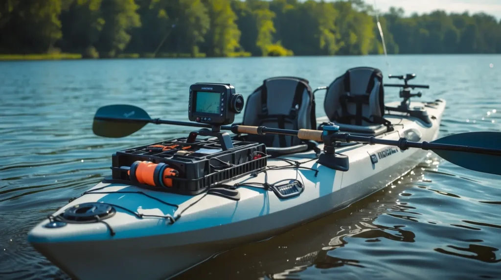 A well-equipped fishing kayak with rod holders, a fish finder, and an organized tackle crate on a calm lake.
