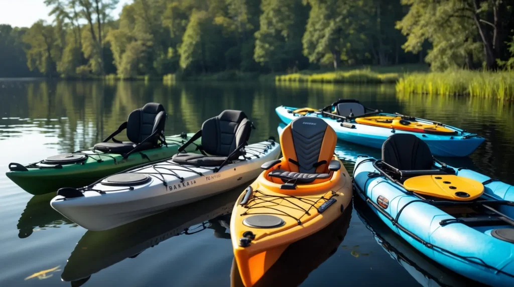 A selection of different fishing kayaks, including sit-on-top, pedal-drive, and inflatable models, are displayed by a scenic lake.