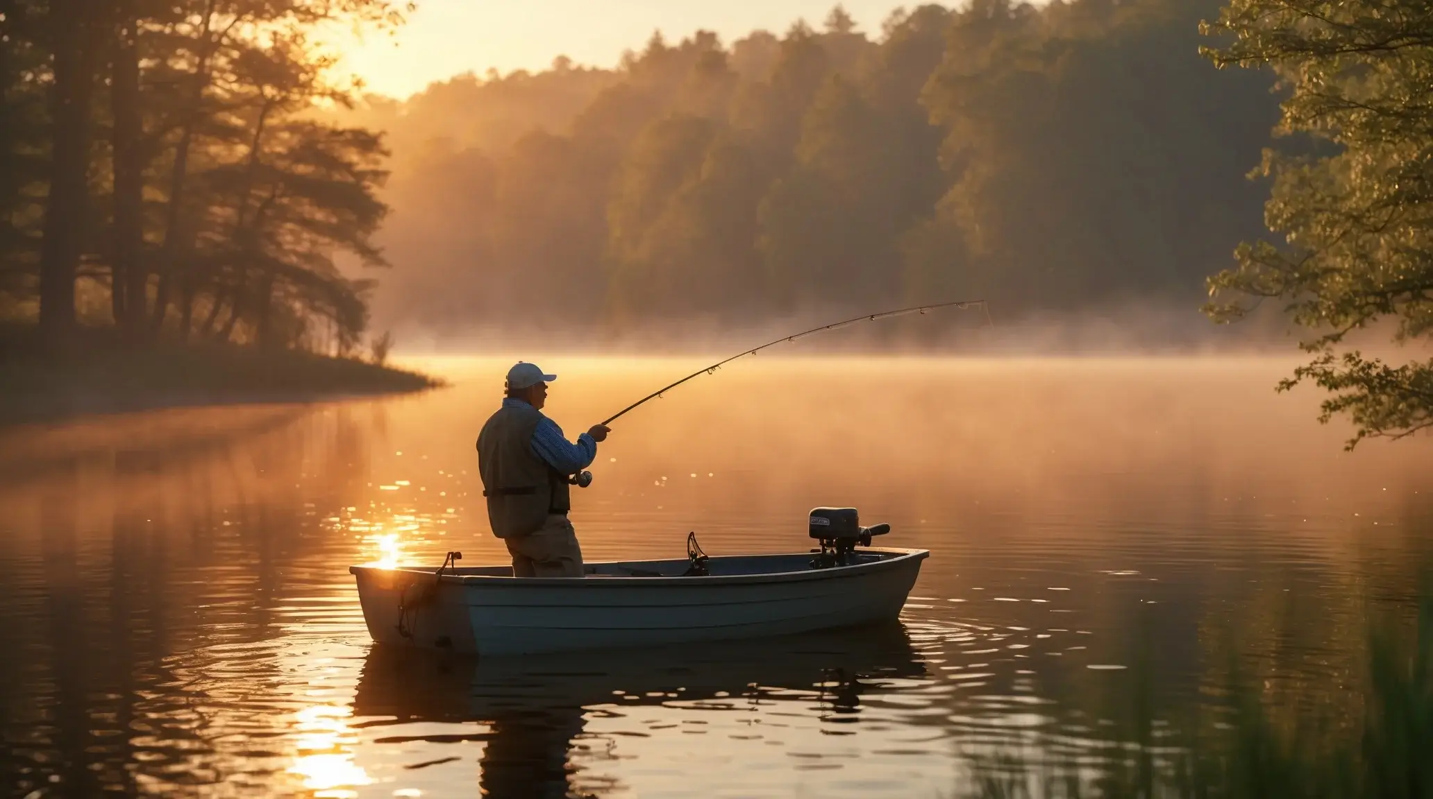 A scenic summer lake with an angler fishing at sunrise, showcasing the perfect conditions for bass fishing