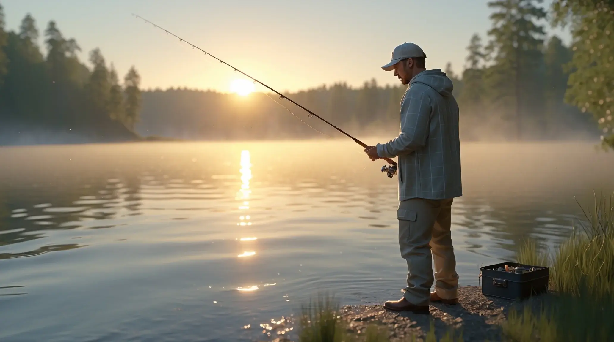 A fisherman standing by a lake at sunrise, holding a fishing rod, ready to cast.