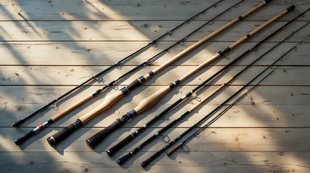 A top 5 list of beginner fishing rods displayed on a rustic wooden background.