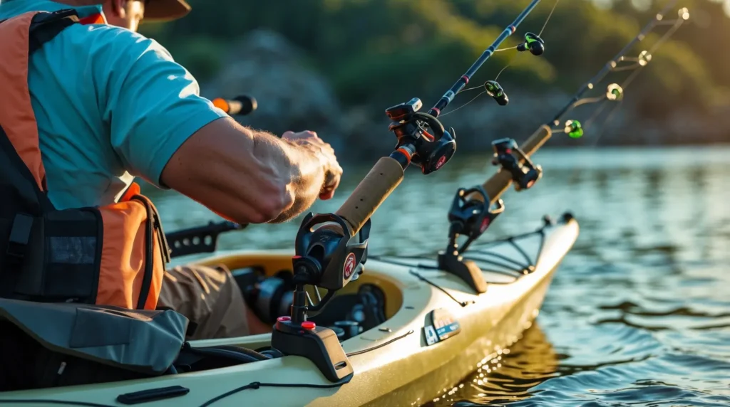 Different types of rod holders on a fishing kayak include flush-mount, adjustable, and clamp-on designs.