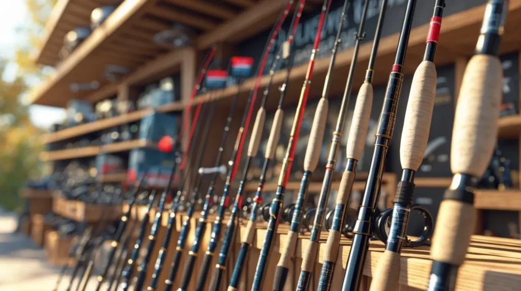 A selection of fishing rods on display at an outdoor shop, with key features highlighted.