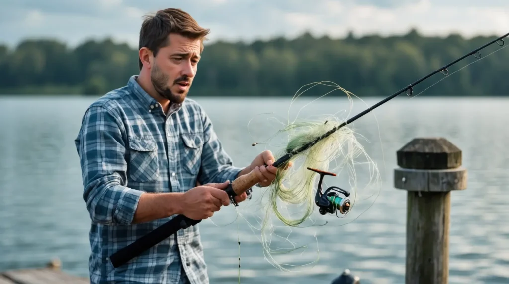 A frustrated beginner untangling a messy fishing line while standing on a pier.