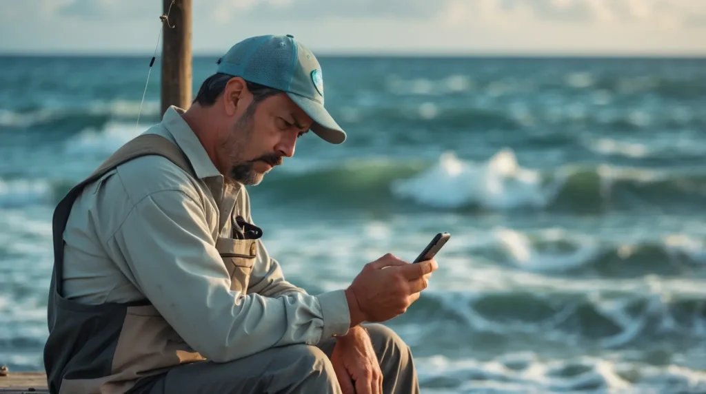 A frustrated fisherman is looking at a tide chart with a confused expression.
