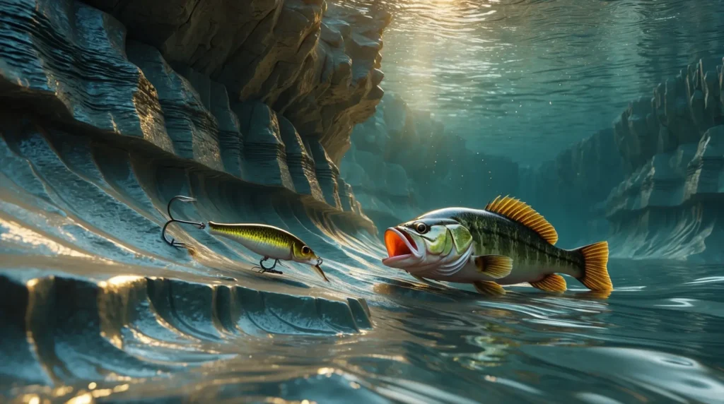 A fisherman retrieving a crankbait near deep underwater structures, targeting summer bass