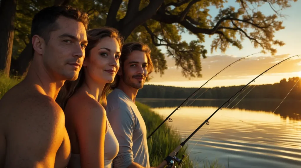 Three friends are fishing together by a calm lake at sunset, with fishing rods in hand and smiles on their faces.
