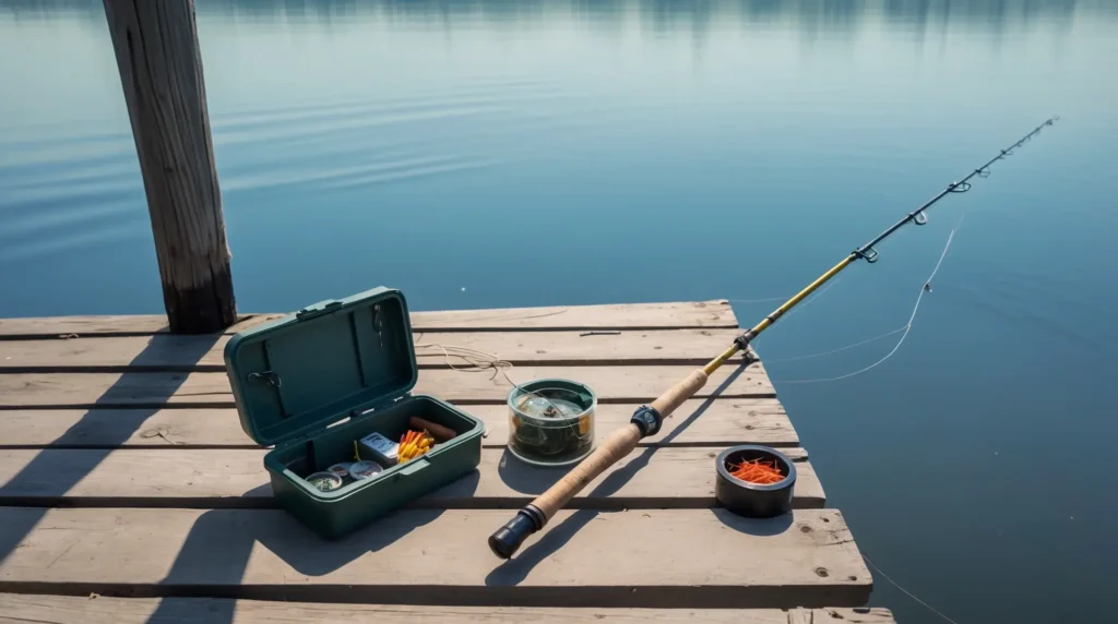 A simple fishing setup on a wooden dock, including a rod, tackle box, and bait.
