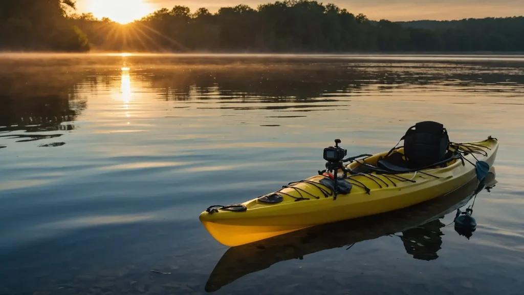 A fully rigged fishing kayak with rod holders, fish finder, tackle box, and safety gear, ready for a fishing trip.