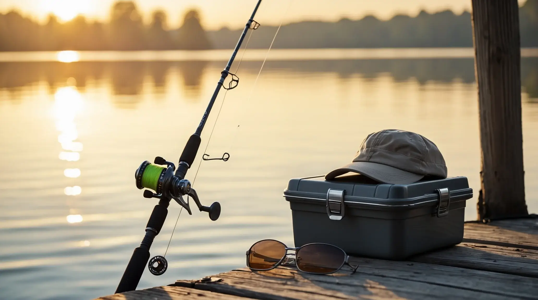 A wooden dock at sunrise with a fishing rod, tackle box, and a fisherman's hat, overlooking a calm lake, creating a peaceful fishing scene.