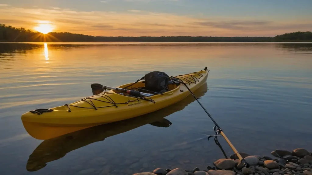A fishing kayak is docked on the shore at sunset, with a fishing rod in a holder, a tackle box, and a paddle resting nearby. The lake reflects golden hues, setting a peaceful fishing scene.