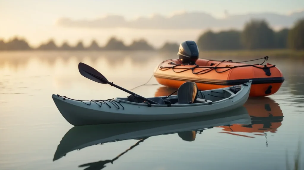 A fishing kayak and an inflatable boat floating side by side on a calm lake at sunrise symbolize the choice between the two.