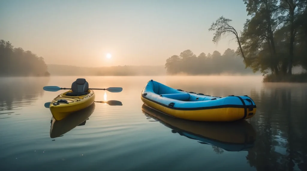 A yellow fishing kayak and a blue inflatable boat are floating on a calm lake at sunrise, reflecting in the still water, surrounded by misty trees.