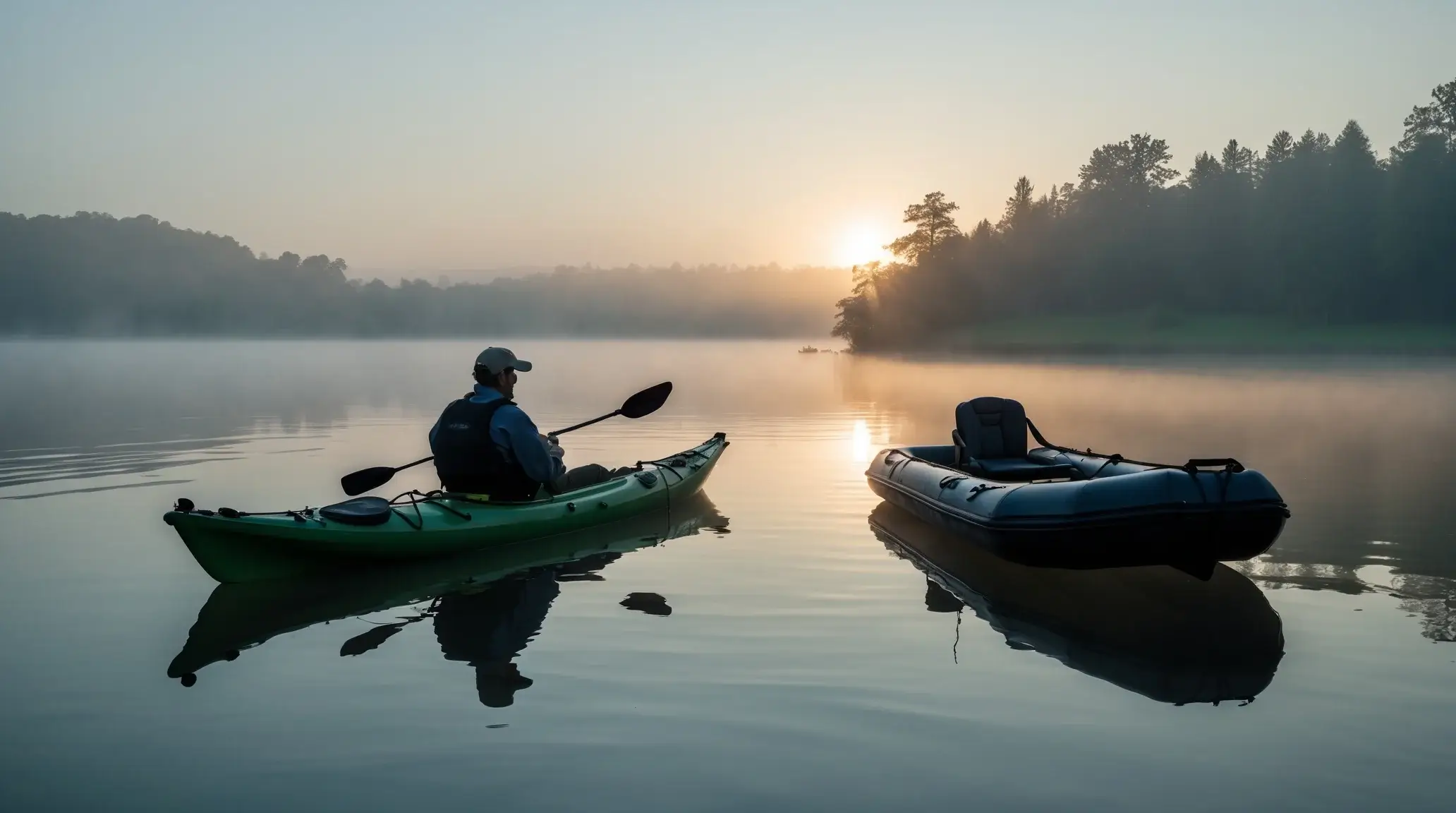 A serene sunrise over a calm lake with a fishing kayak and an inflatable boat floating in the distance.