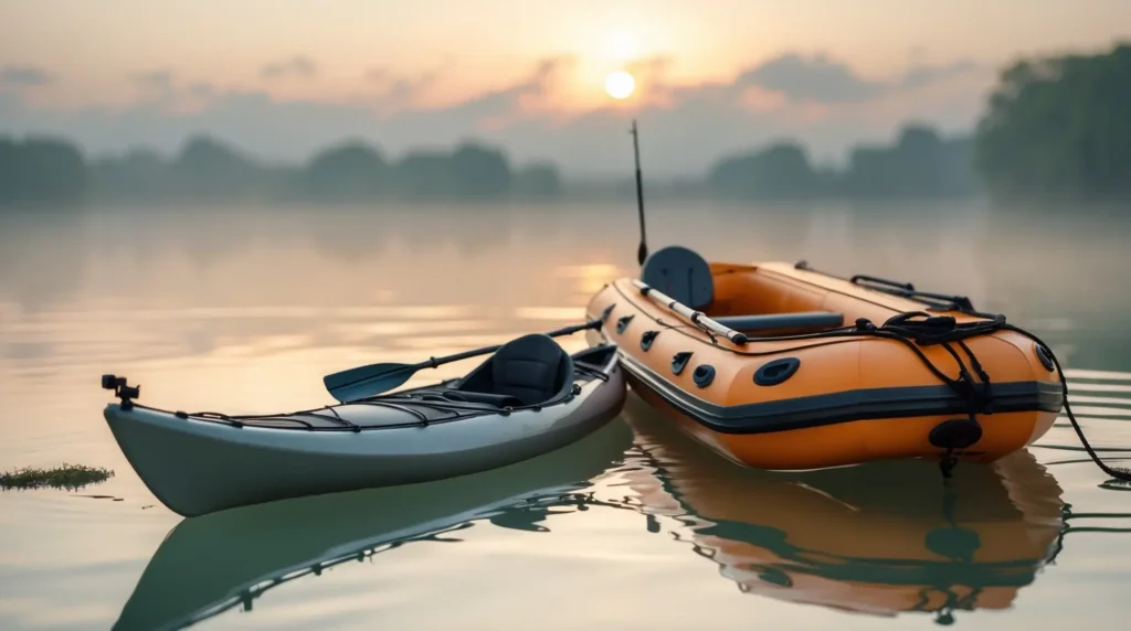 A fishing kayak and an inflatable boat floating on a calm lake at sunrise, highlighting their differences for anglers.