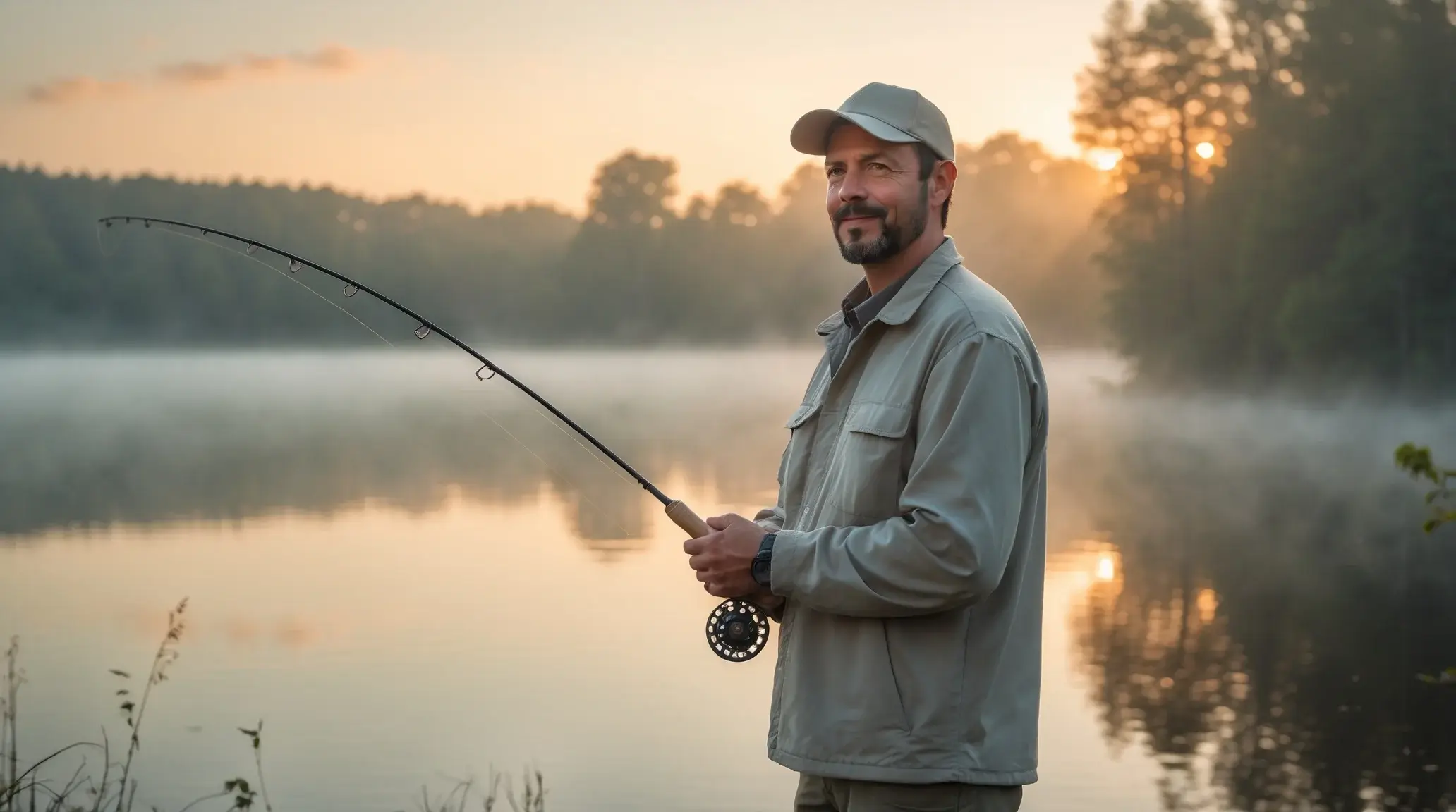 A beginner fisherman standing by a calm lake, casting a fishing line at sunrise.