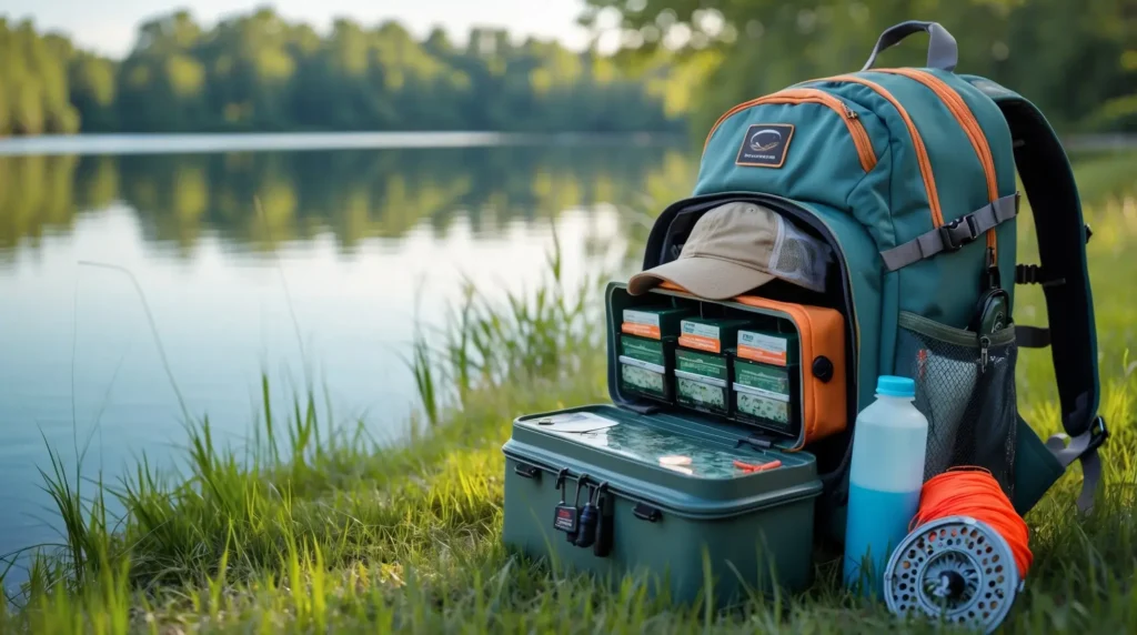 A well-organized fishing backpack with must-have fishing accessories for beginners.