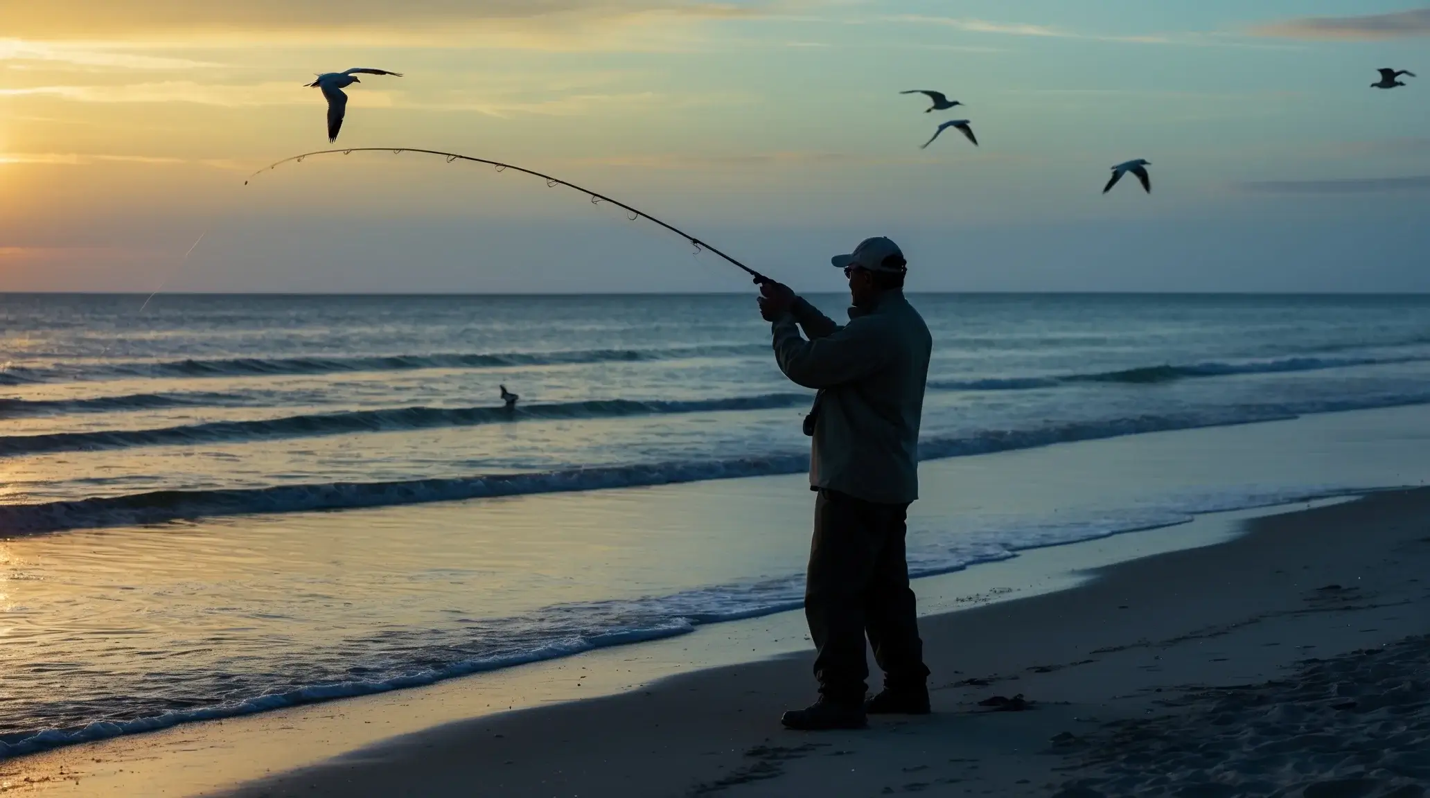 A fisherman standing on a beach at sunrise, casting his fishing line into the ocean with gentle waves.