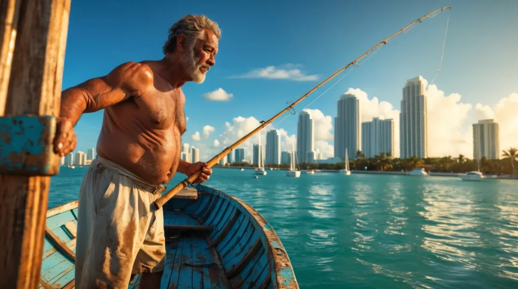An angler fishing in Biscayne Bay, one of the best fishing spots near Miami, with the city skyline in the background.