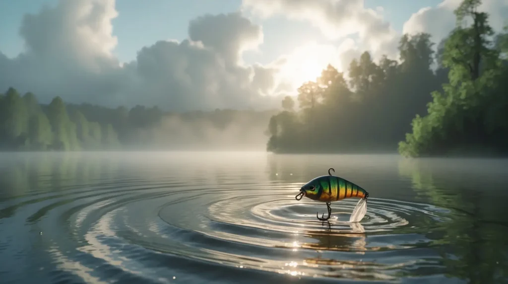 A misty, slightly muddy lake with a submerged spinnerbait attracting bass