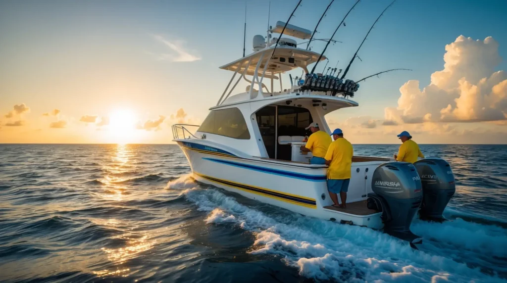 A fishing boat cruising through deep blue waters in Florida, preparing for a deep-sea fishing adventure.