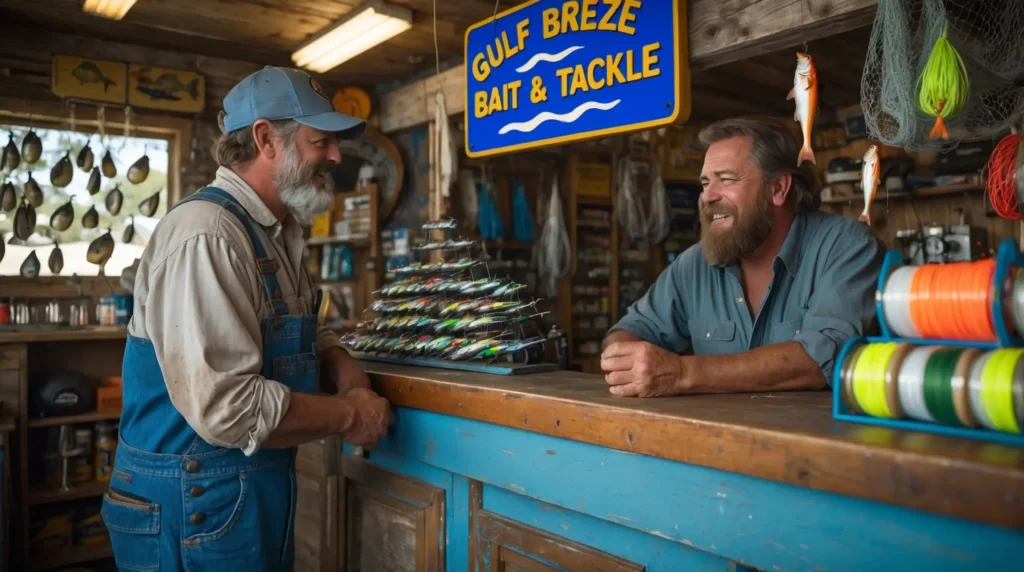 A fisherman was talking to a bait shop owner in Florida, asking about fishing regulations and licenses.
