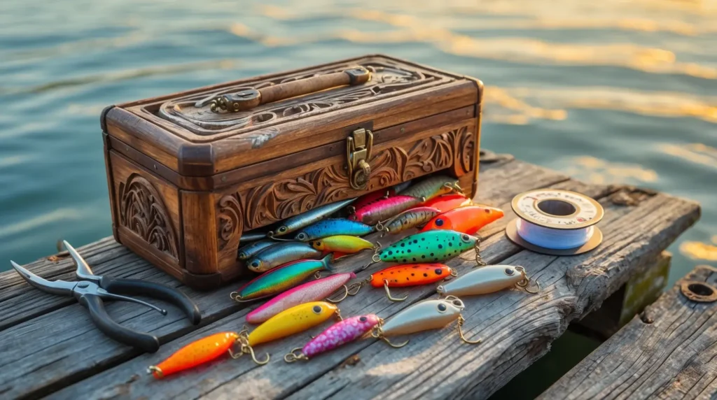 A well-organized tackle box with essential fishing gear for a Florida fishing trip, including lures and line cutters.