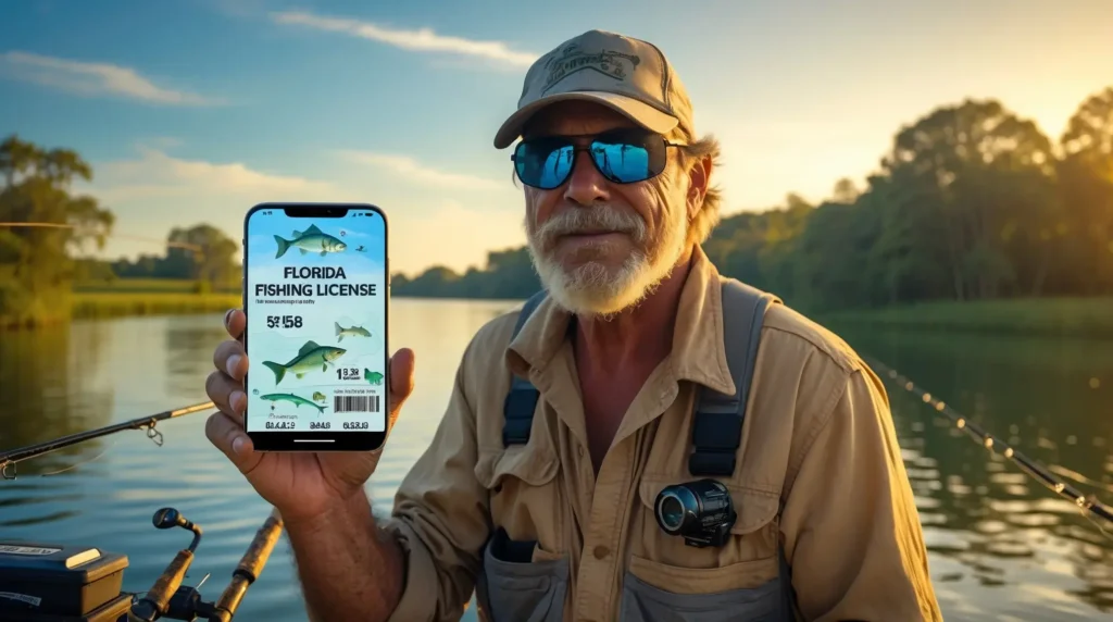 A fisherman showing a digital Florida fishing license on a smartphone before heading out to fish.