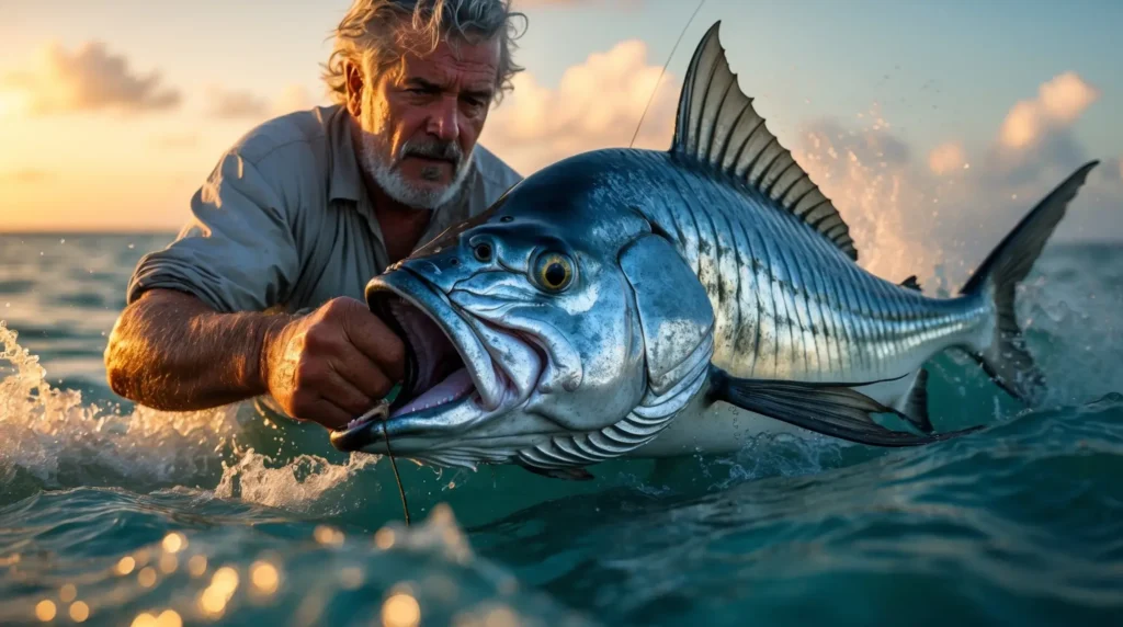 An angler battling a massive tarpon in the crystal-clear waters of the Florida Keys at sunrise.