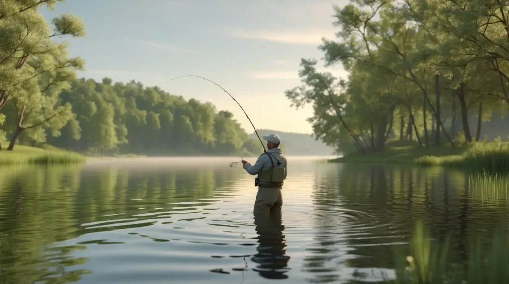 A person is fishing in a calm lake using a freshwater fishing rod.