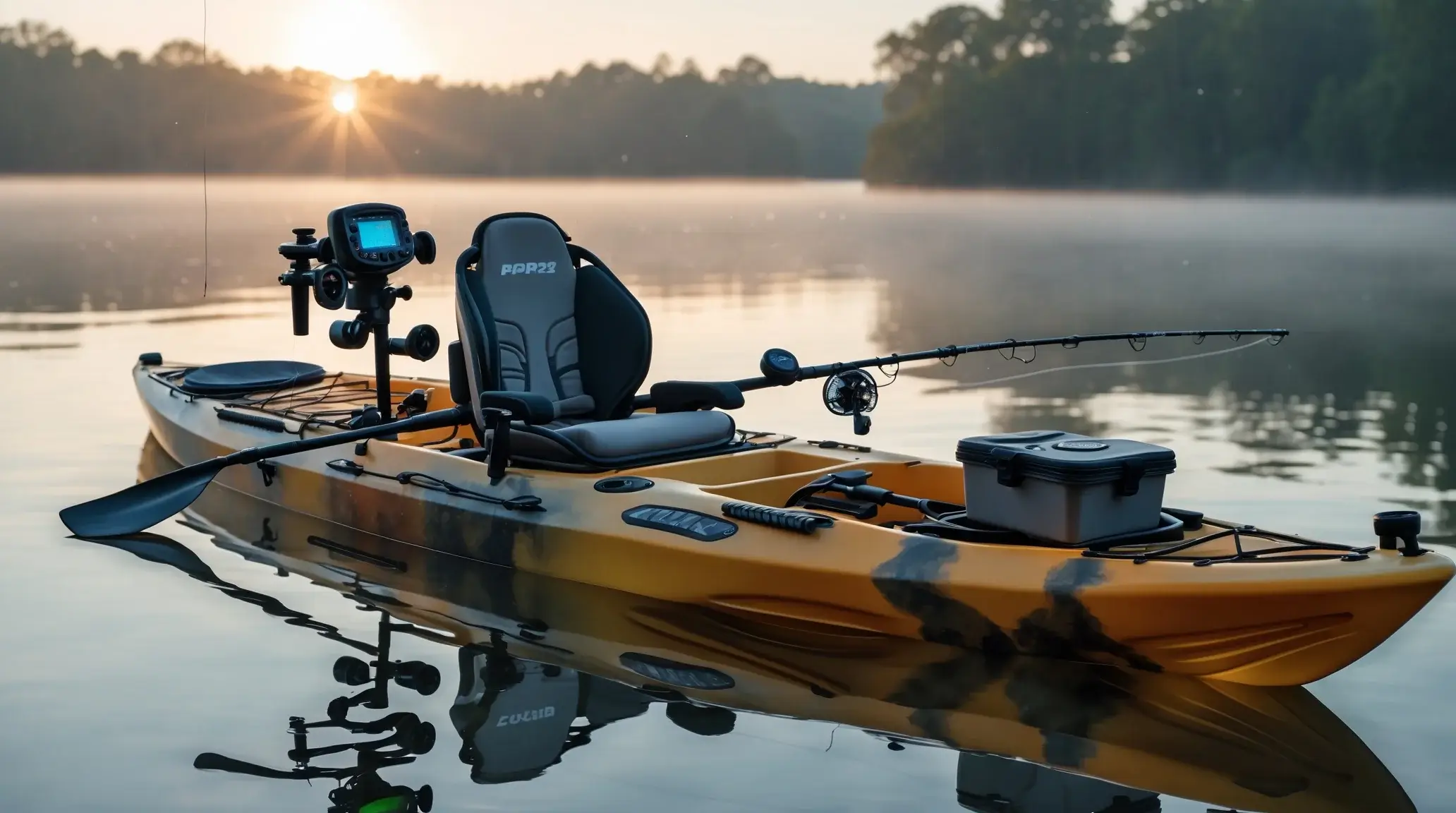 A fishing kayak floating on a calm lake at sunrise, equipped with rod holders, a fish finder, a tackle box, and waterproof storage.