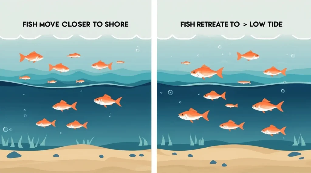 A simple diagram showing how fish move during rising and falling tides.