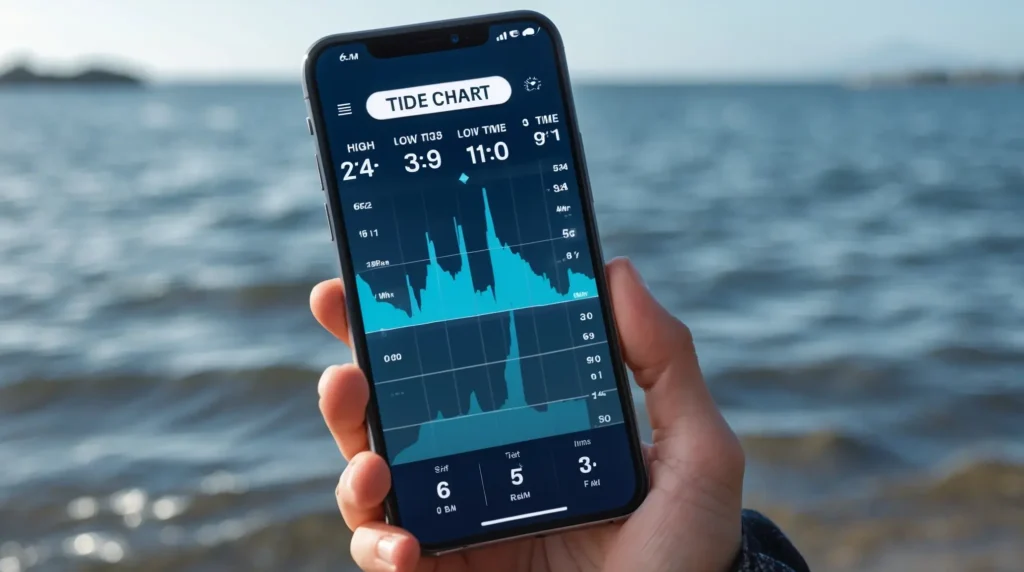 A digital tide chart is displayed on a smartphone screen.