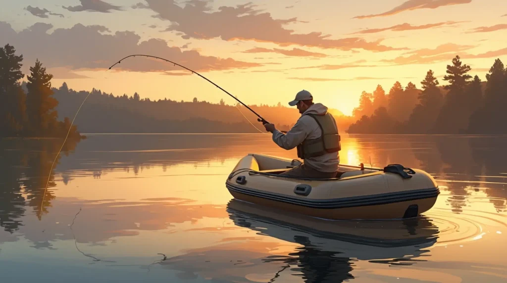 A fisherman in an inflatable boat casting his line at sunrise on a calm lake, enjoying a peaceful fishing experience.