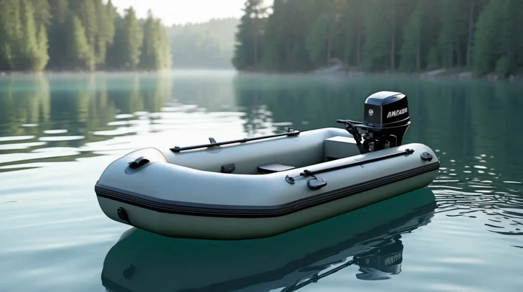 A durable inflatable fishing boat floating on a calm lake, ready for an angler's next adventure.
